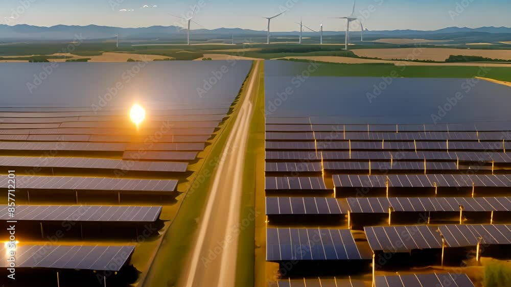 Poster solar panels and wind turbines in a field generative ai