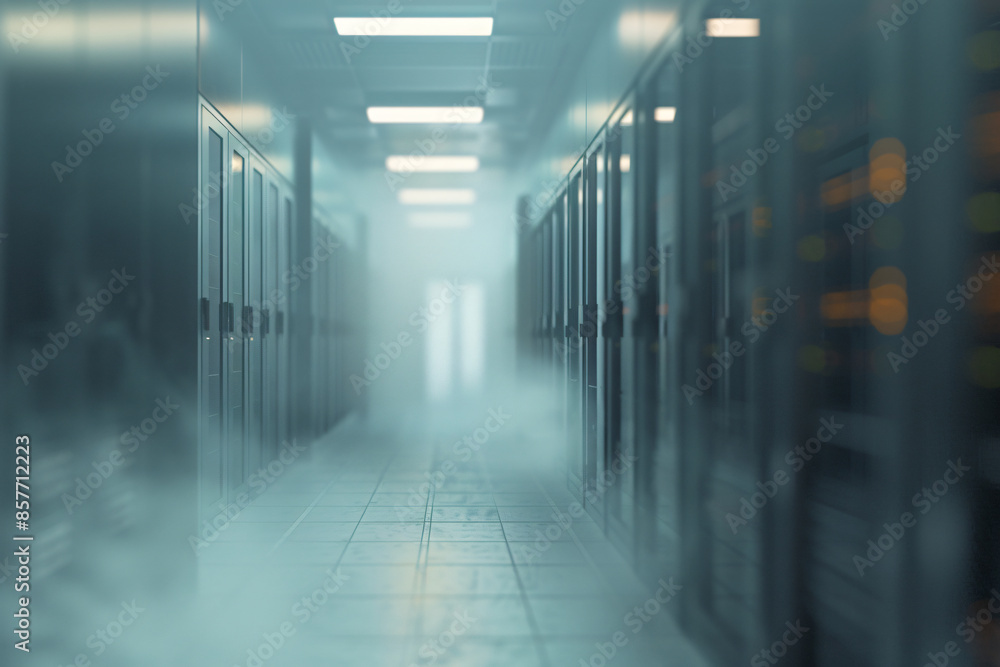 Poster foggy server room with a blurred data center in the background. a long corridor leads to rows of sto