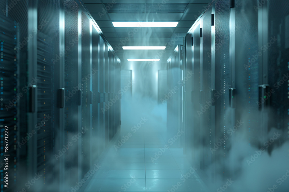 Poster foggy server room with a blurred data center in the background. a long corridor leads to rows of sto