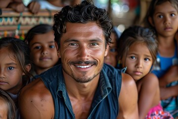 Fototapeta premium Hispanic friendly male educator or teacher with group of cheerful kids, selective focus