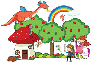 Obraz premium Dragon, fairies, knight, and princess in magical scene