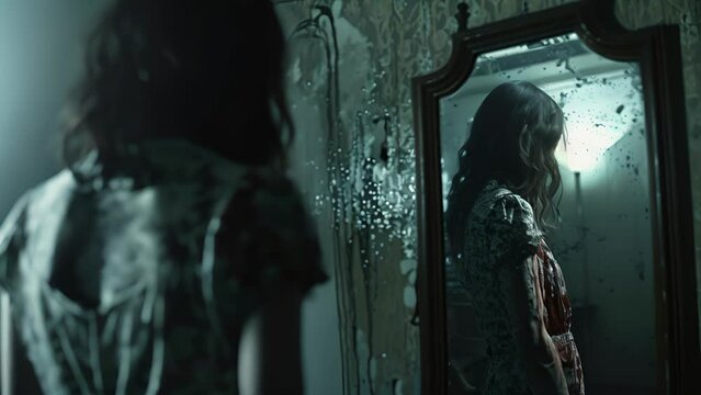 A mirror in the corner reflects a ghostly woman with hollow eyes and a stained dress her presence a reminder of tragedy and horror.