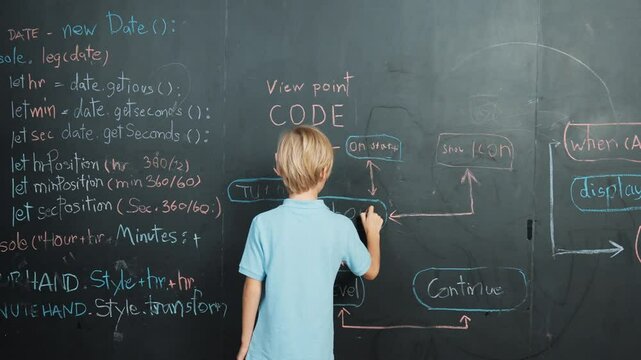 Back view of student writing engineering prompt on blackboard. Handsome clever child or boy planing a project by using coding and programing system in STEM technology classroom. Closeup. Erudition.