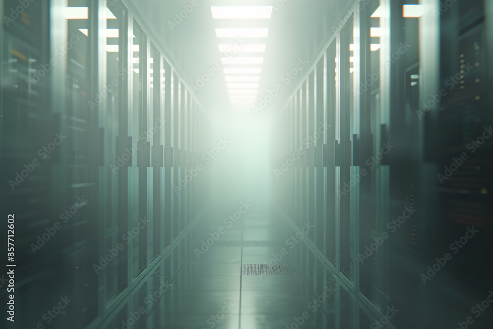 Aufkleber foggy server room with a blurred data center in the background. a long corridor leads to rows of sto