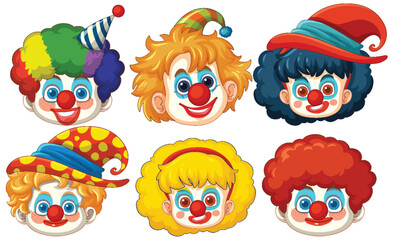 Obraz premium Six vibrant clown faces with different hats