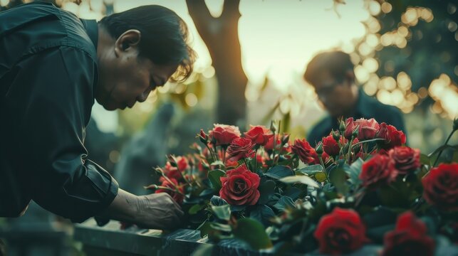 A man arranges a bouquet of red roses at a graveside