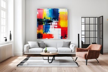 A colorful abstract painting hangs on the wall of a living room