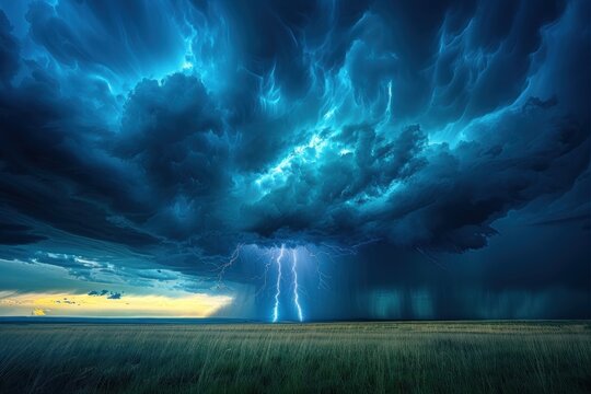 A dramatic thunderstorm over a vast plain with dark storm clouds rolling in and lightning bolts illuminating the sky The scene captures the raw power and intensity of nature as the storm approaches