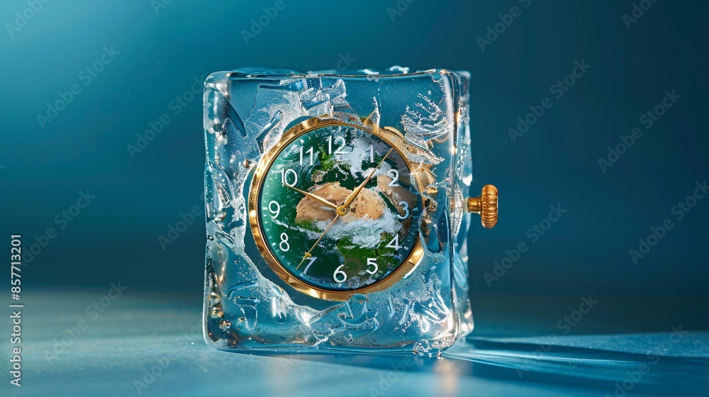 Aufkleber an alarm clock encased in a melting ice cube with the earth shape inside, symbolizing the urgency of
