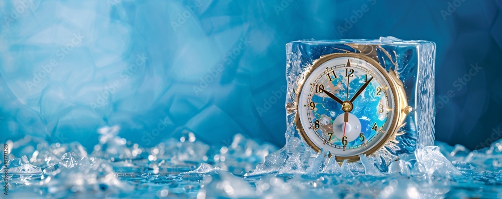 Poster in a visual metaphor for the impact of climate change, an alarm clock is frozen within an ice cube f