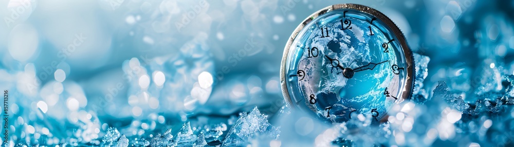 Poster a frozen alarm clock encases the earth shape within an ice cube, symbolizing the concept of halted t