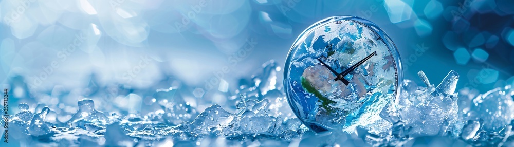 Poster a frozen alarm clock encases the earth shape within an ice cube, symbolizing the concept of halted t