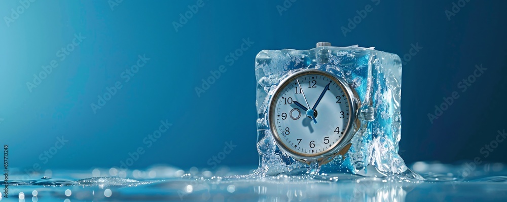 Poster in a visual metaphor for the impact of climate change, an alarm clock is frozen within an ice cube f