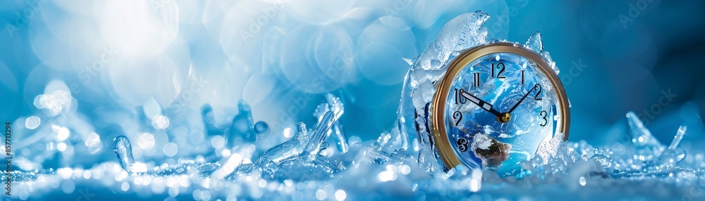 Poster a frozen alarm clock encases the earth shape within an ice cube, symbolizing the concept of halted t
