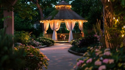 Fototapeta premium A gazebo with white curtains and lights hanging from the roof