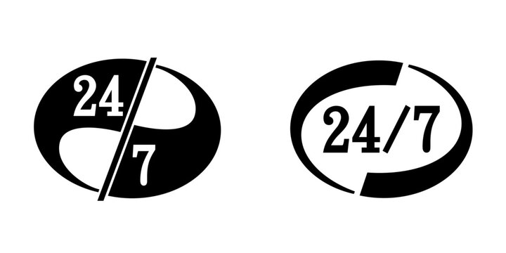 24 on 7. Twenty-four hours a day. Non-stop. Seven days a week. Illustration.