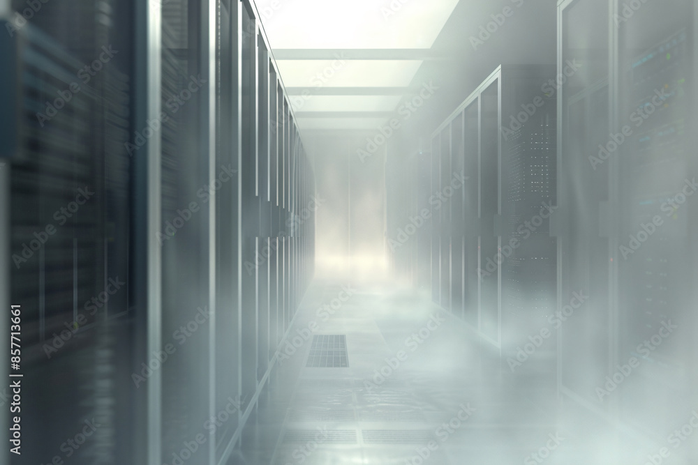 Aufkleber foggy server room with a blurred data center in the background. a long corridor leads to rows of sto