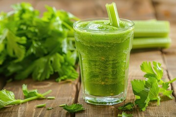Fresh Celery Juice in a Glass with Celery Stalks and Leaves on a Wooden Table