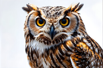 Fototapeta premium owl, isolated, white background, bird, nocturnal, wildlife, raptor, bird of prey, feathered, high resolution, cutout, predatory, majestic, closeup 