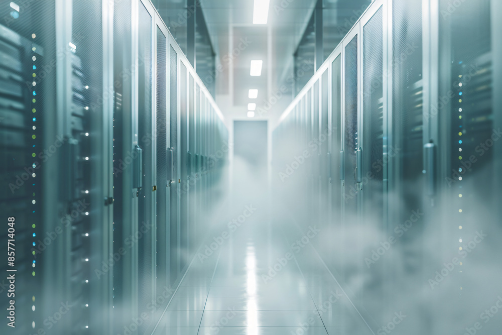 Poster foggy server room with a blurred data center in the background. a long corridor leads to rows of sto