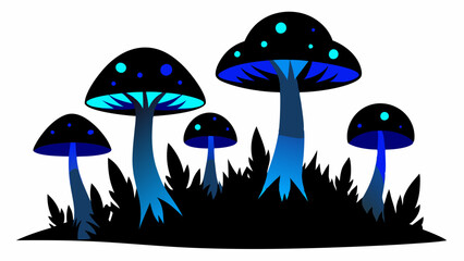 4 blue and black mushrooms luminescent in the dark forest vector