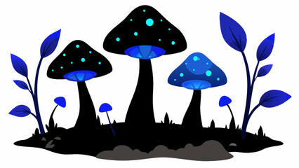 4 blue and black mushrooms luminescent in the dark forest vector