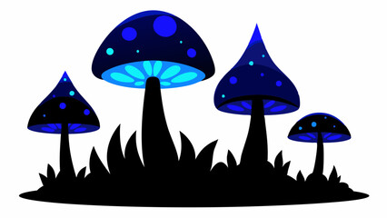 4 blue and black mushrooms luminescent in the dark forest vector