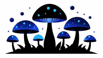 4 blue and black mushrooms luminescent in the dark forest vector