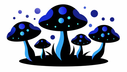 4 blue and black mushrooms luminescent in the dark forest vector