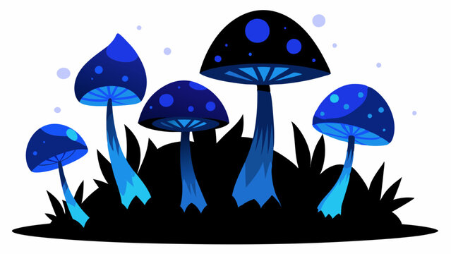 4 blue and black mushrooms luminescent in the dark forest vector