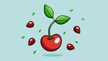 cherry with half pieces falling or floating in the air with green leaves isolated 