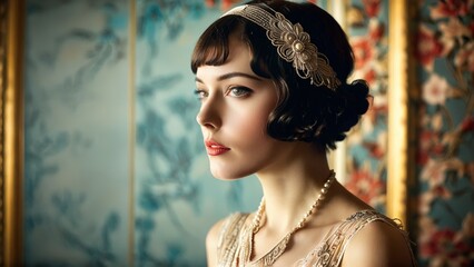 Model in vintage lingerie flapper style art deco backdrop roaring twenties glamour