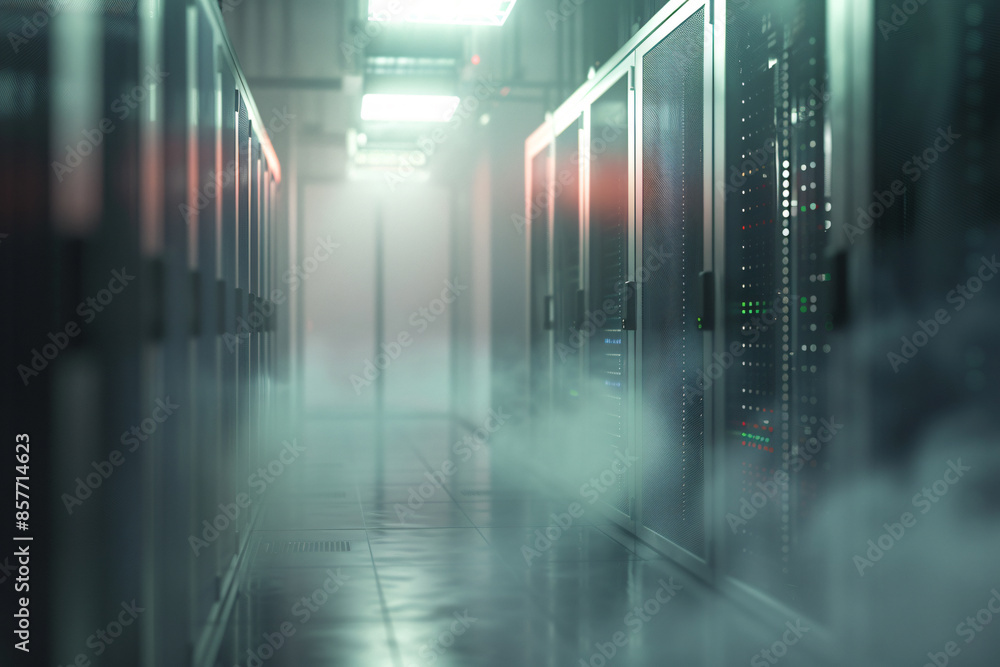 Poster foggy server room with a blurred data center in the background. a long corridor leads to rows of sto