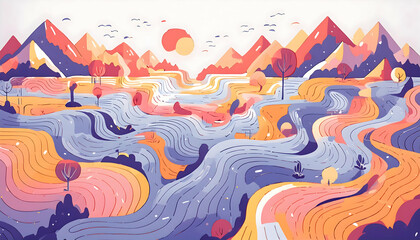 Abstract Colorful Mountain and field landscape on digital art concept, Generative AI.