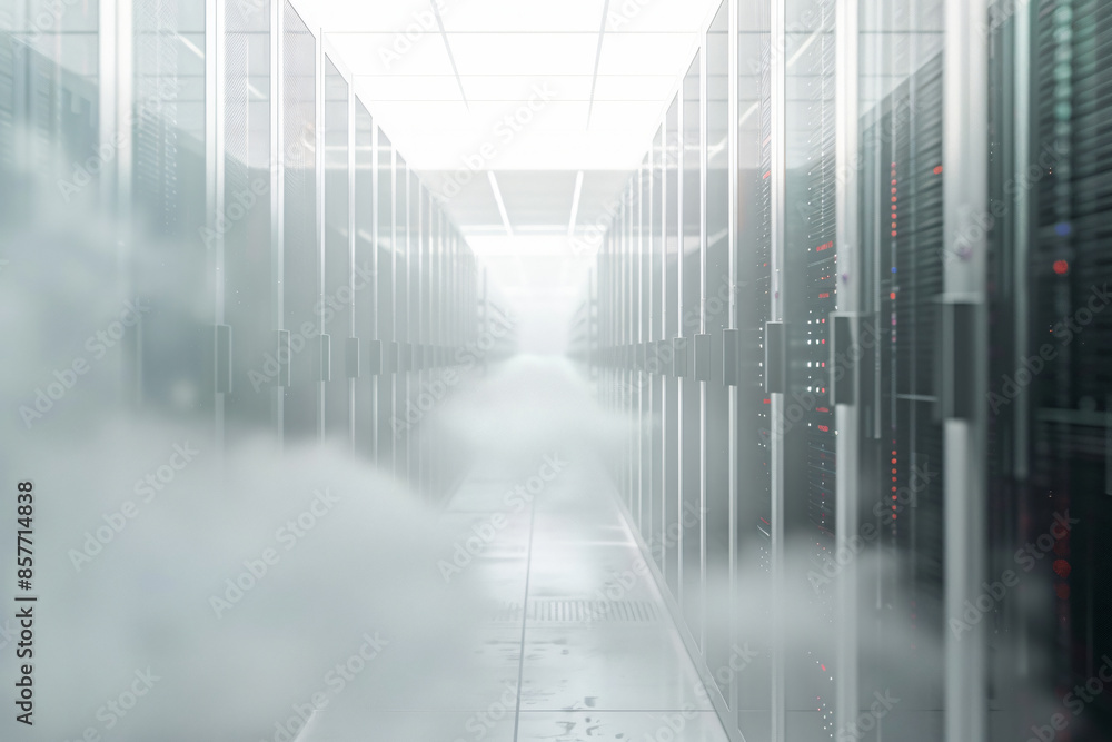 Poster foggy server room with a blurred data center in the background. a long corridor leads to rows of sto