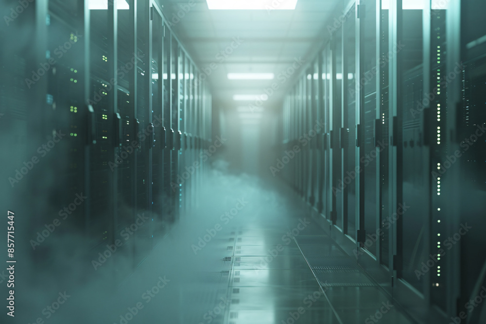 Aufkleber foggy server room with a blurred data center in the background. a long corridor leads to rows of sto