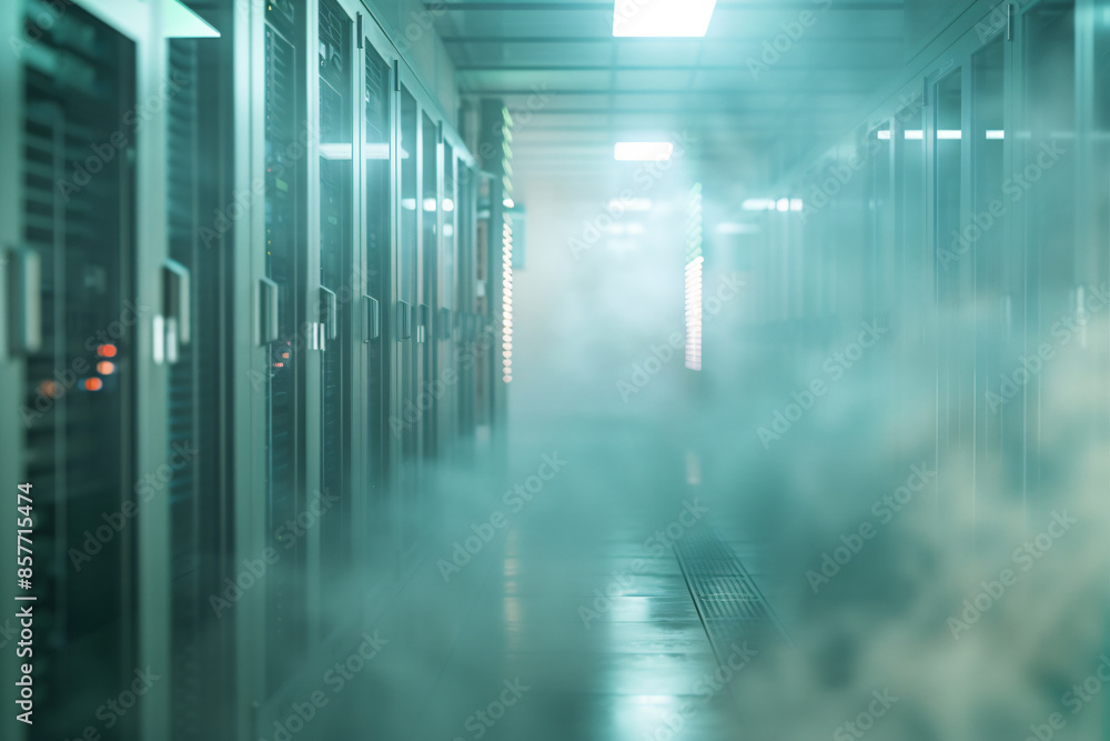 Aufkleber foggy server room with a blurred data center in the background. a long corridor leads to rows of sto