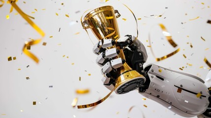Close-up robot hand holding golden trophy on blurred background.