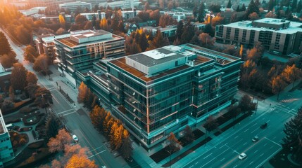 Aerial view of a modern office complex featuring a prominent glass building surrounded by greenery
