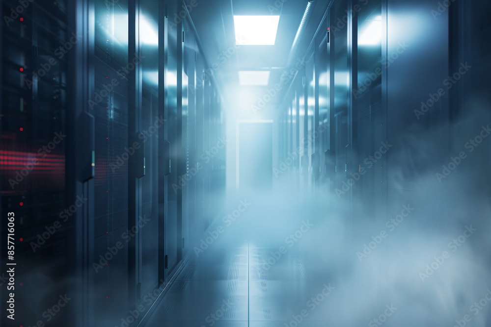 Poster foggy server room with a blurred data center in the background. a long corridor leads to rows of sto