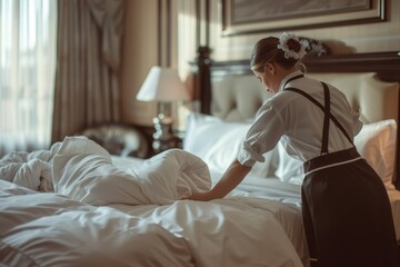 Obraz premium Hotel chambermaid in professional uniform tidying and making bed in elegantly decorated room