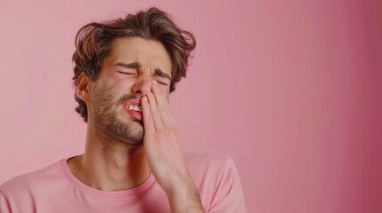 Man holding nose in discomfort against a pink background
