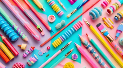 Paint, pencils and brushes on paper equipment for art