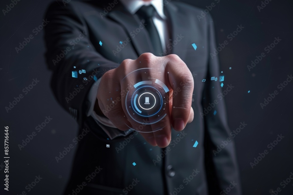 Poster businessman engaging with cutting edge virtual interface, pressing advanced high tech buttons