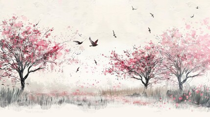 Vintage Watercolor Landscape with Pink Flowering Trees and Birds on White Background