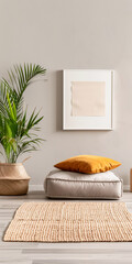 Serene apartment interiors with a room with minimal furniture and relaxing tones. Residential Real Estate concept image on meditation spaces.