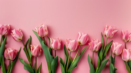 Fototapeta premium Modern tulips flat lay on pink background, perfect for Valentine's and Mother's Day. Elegant floral border with text space.