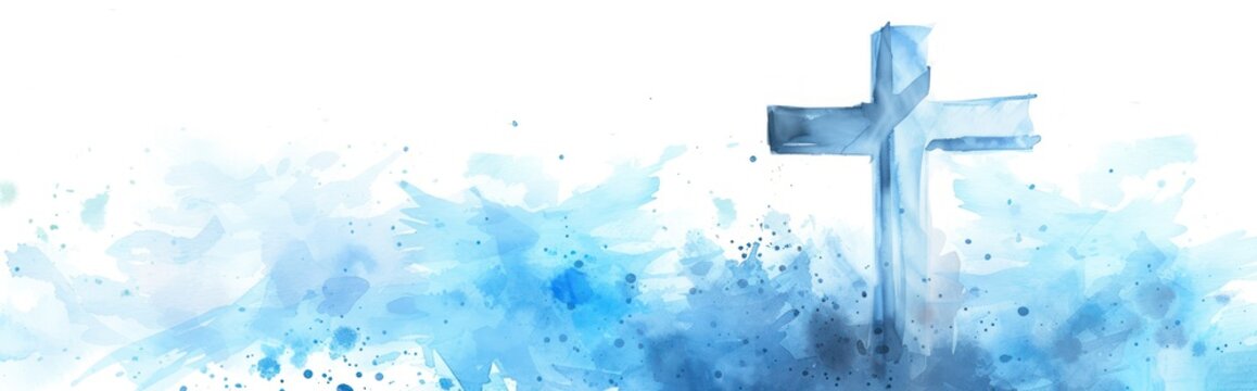 Watercolor blue religious background white cross on blue background