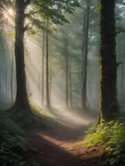 Obraz premium Capture the serene beauty of a forest in the early morning. Mist hangs low to the ground, with sunlight piercing through the trees, creating a mystical atmosphere.