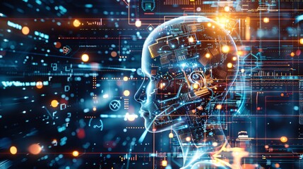 Fototapeta premium Infographic depicting artificial intelligence innovations, detailed model with comprehensive visualization of data and algorithms, highly detailed photograph, ultra-sharp and clear